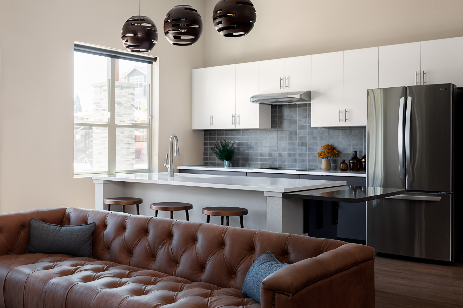 Modern open kitchen and living room space.