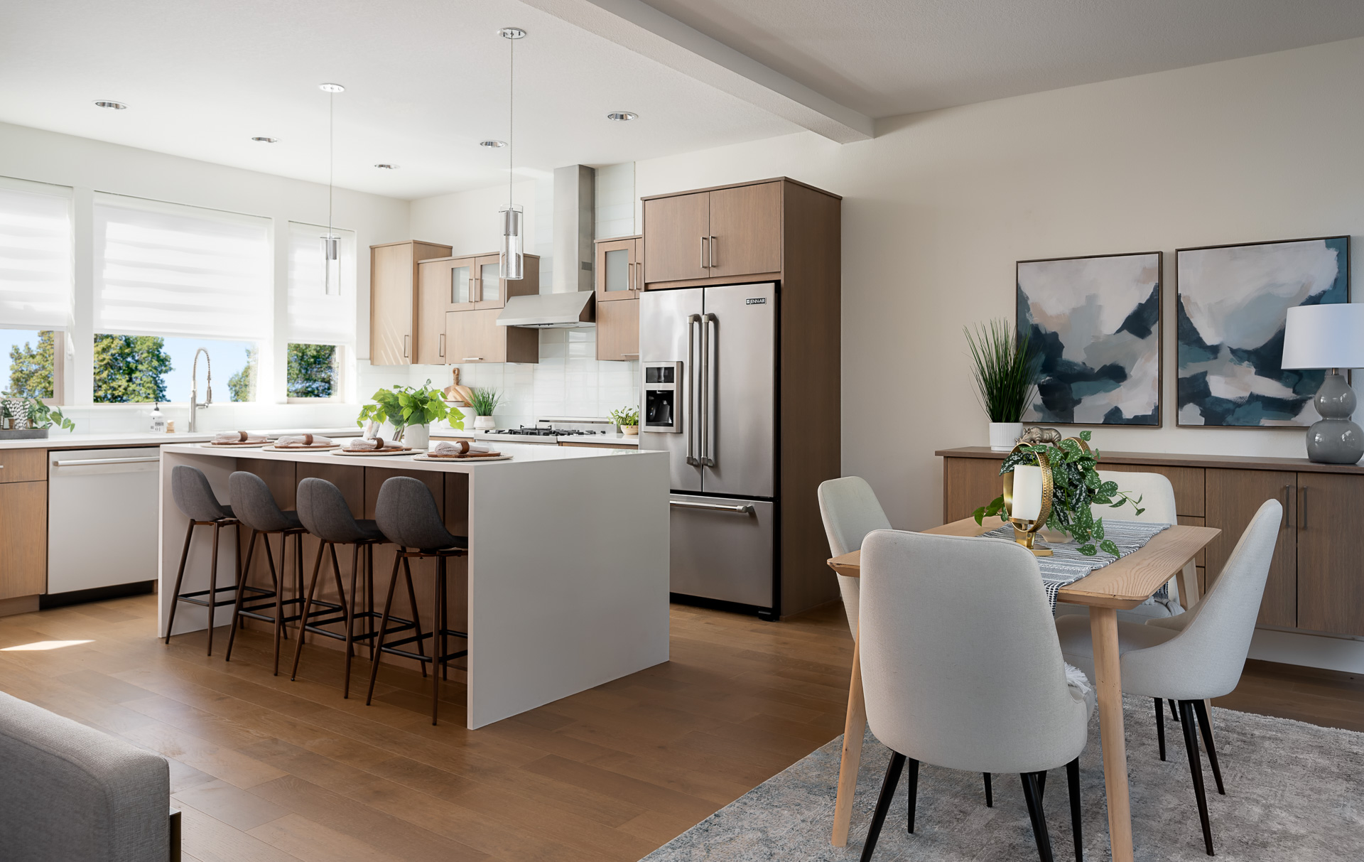 Open kitchen and dining room interior.