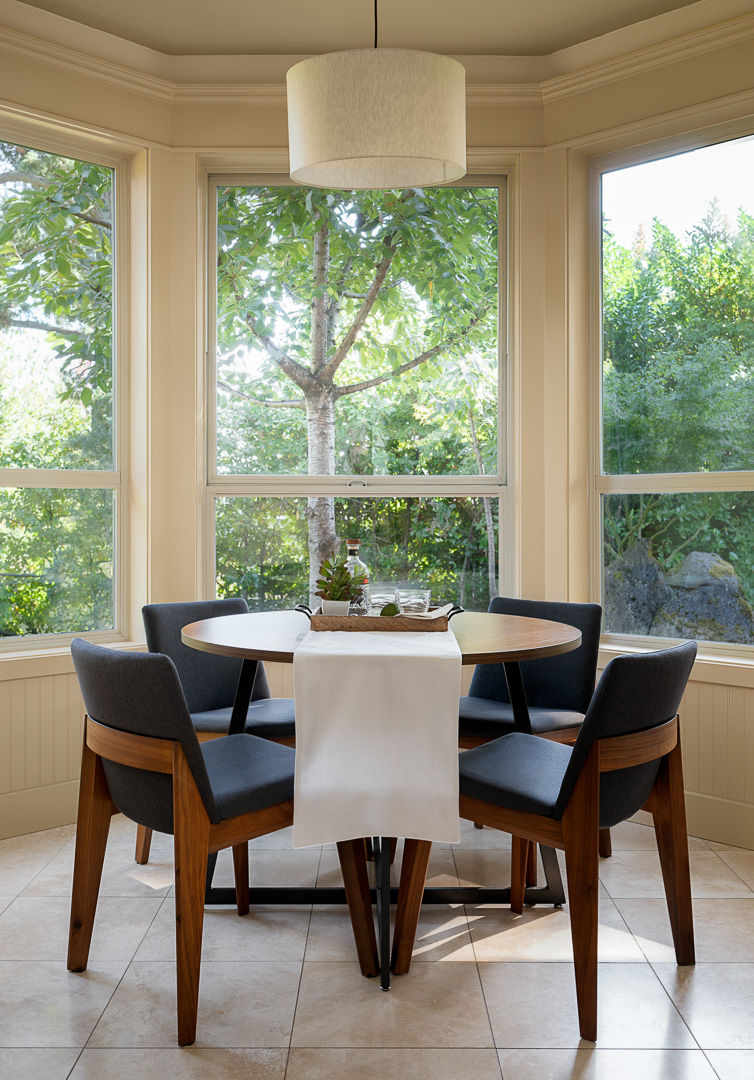 Bright dining area with garden views.